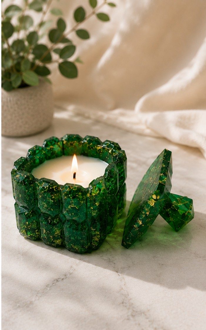 Green resin candle jar with a faceted lid